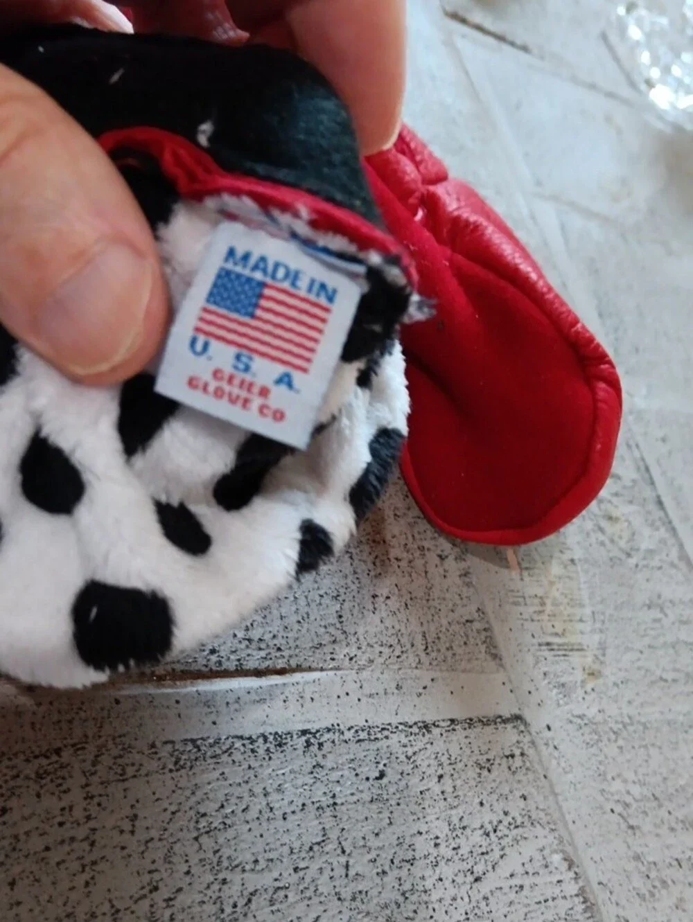 Geier Glove Co. Red Leather Baby Moccasins Dalmatian Print Fleece